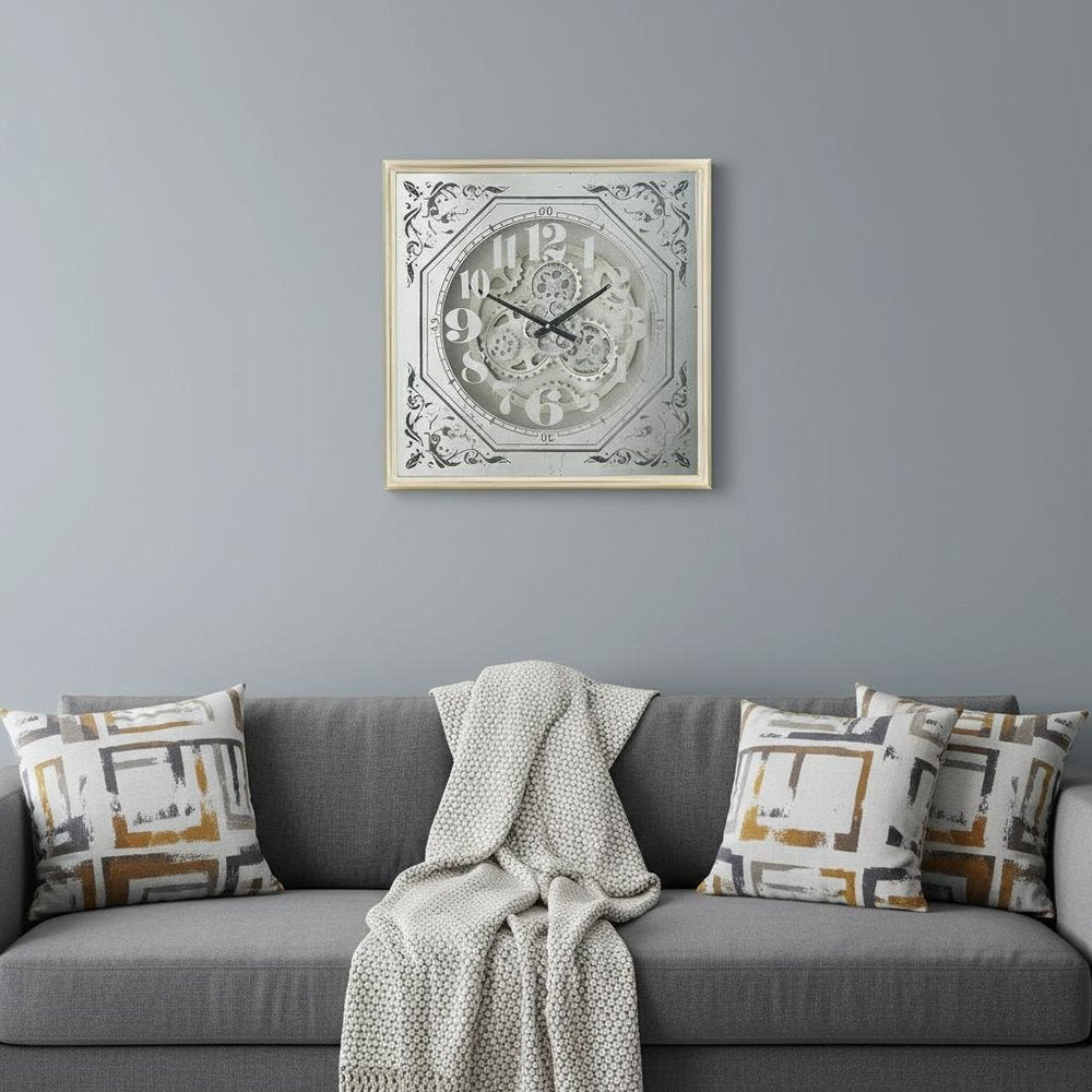 24" Square Gold and Silver Wood and Mirror Exposed Gear Wall Clock