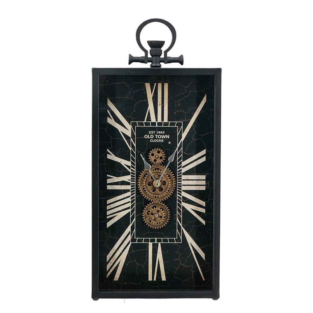 10" Black and Gold Metal and Glass Analog Vintage Style Crackle Wall Clock. Wall clock isolated on a plain white background, in a black glass finish.