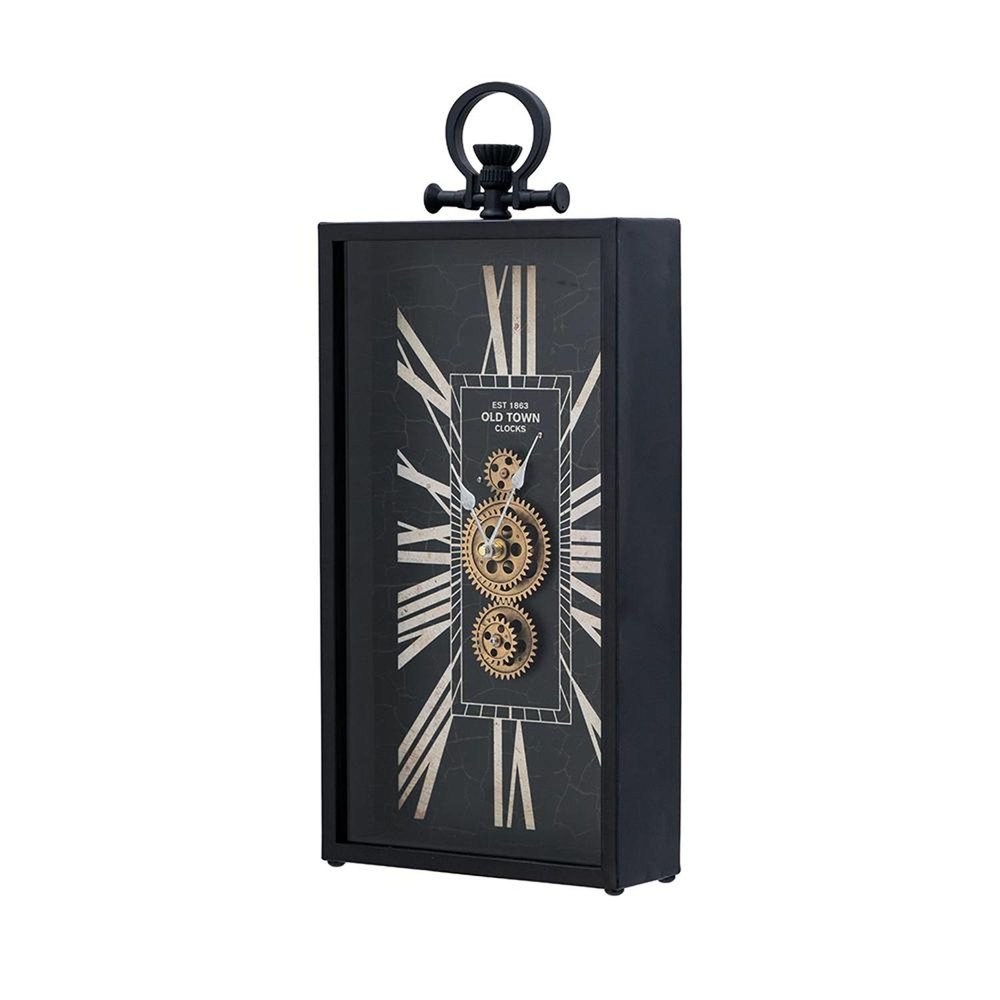 10" Black and Gold Metal and Glass Analog Vintage Style Crackle Wall Clock. Wall clock isolated on a plain white background, finished in black glass.