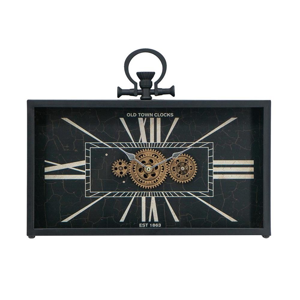 13" Black and Gold Metal and Glass Analog Vintage Style Crackle Wall Clock. Wall clock isolated on a plain white background, showing a black glass surface.