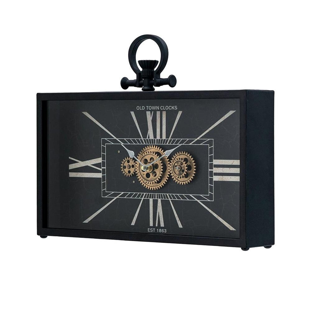 13" Black and Gold Metal and Glass Analog Vintage Style Crackle Wall Clock. Wall clock isolated on a plain white background, finished in black glass.