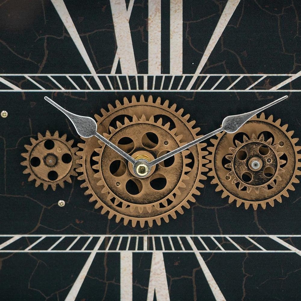 13" Black and Gold Metal and Glass Analog Vintage Style Crackle Wall Clock photographed against a dark studio background in black.