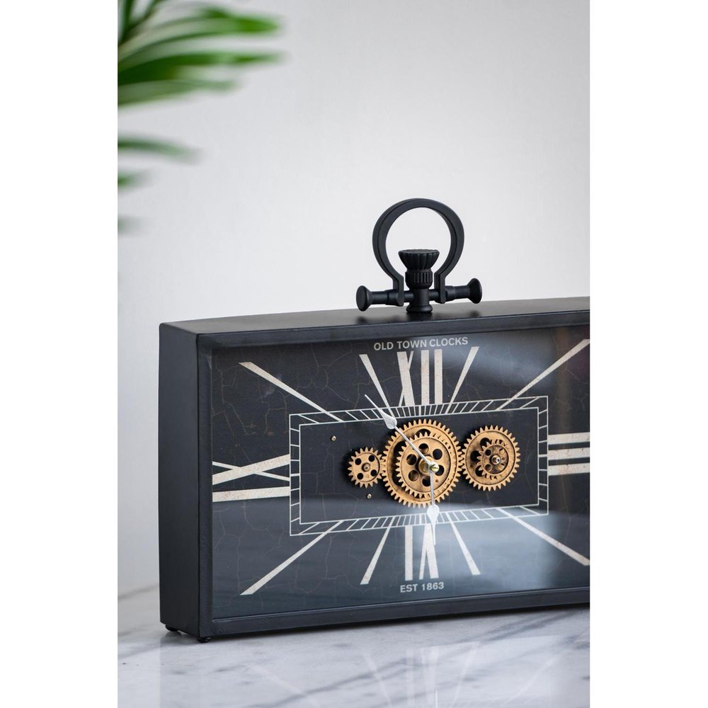 13" Black and Gold Metal and Glass Analog Vintage Style Crackle Wall Clock. Wall clock isolated on a plain white background, finished in black glass.