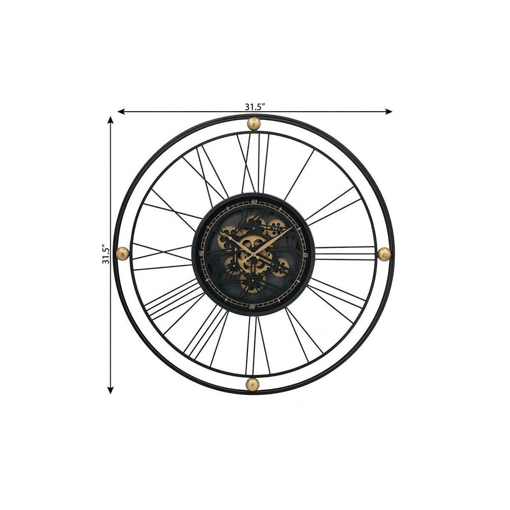 32" Circle Black and Gold Metal and Glass Analog Exposed Gear Wall Clock. Wall clock isolated on a plain white background, showing a black glass surface.