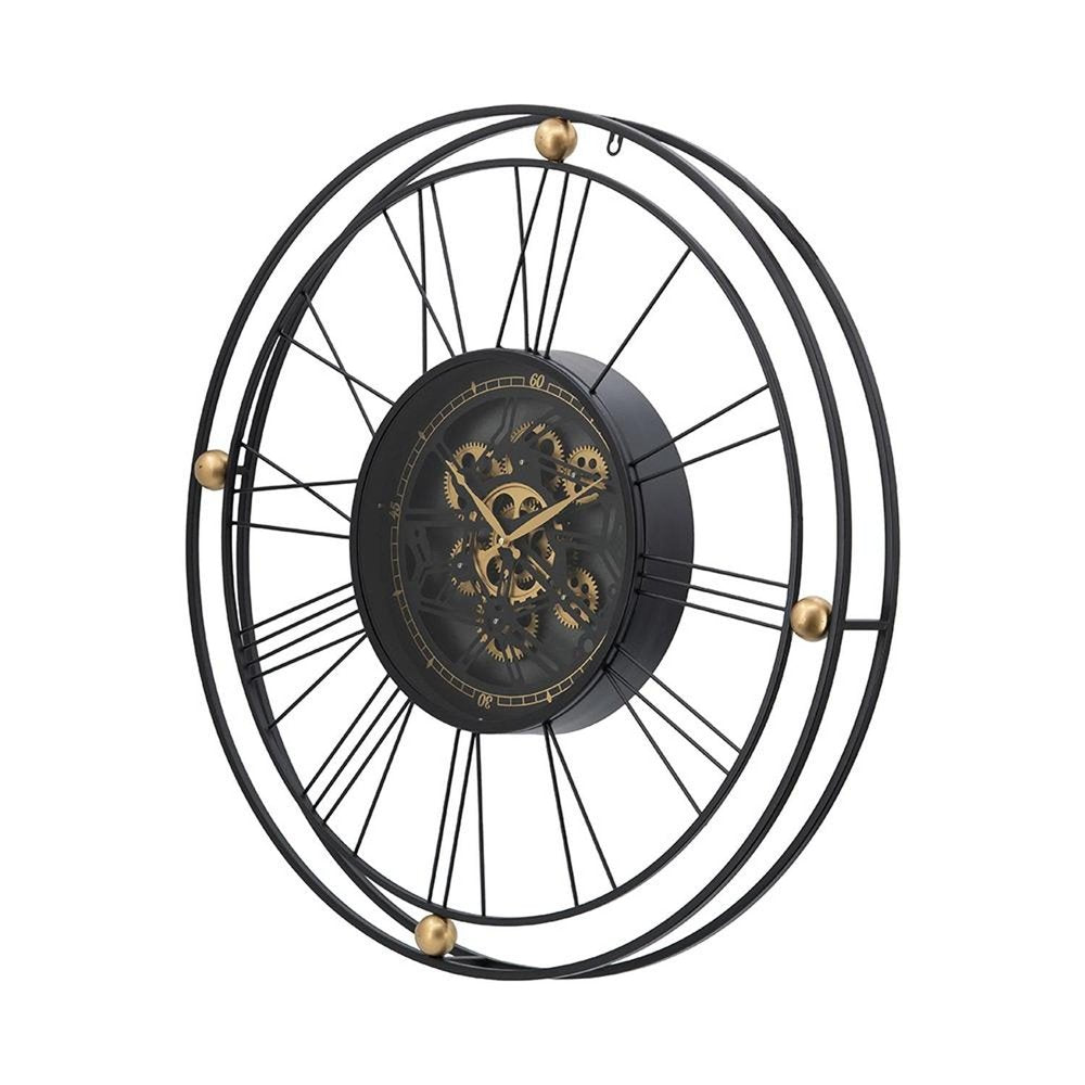 32" Circle Black and Gold Metal and Glass Analog Exposed Gear Wall Clock. Wall clock isolated on a plain white background, finished in black glass.