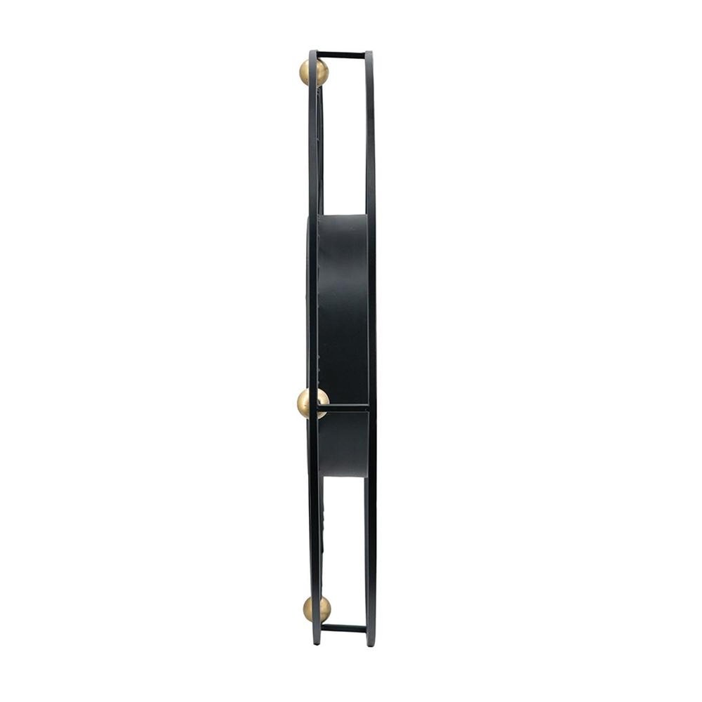32" Circle Black and Gold Metal and Glass Analog Exposed Gear Wall Clock. Wall clock isolated on a plain white background, showing a black glass surface.