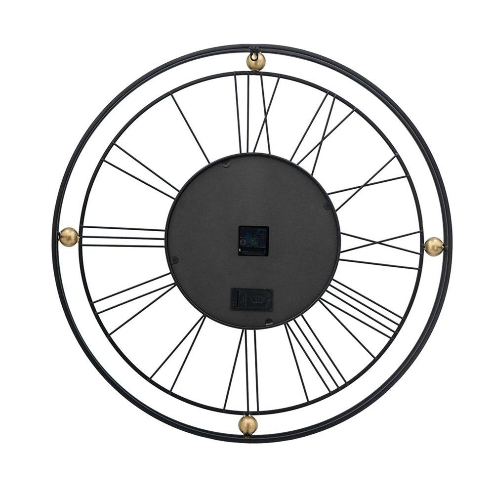 32" Circle Black and Gold Metal and Glass Analog Exposed Gear Wall Clock. Wall clock isolated on a plain white background, in a black glass finish.