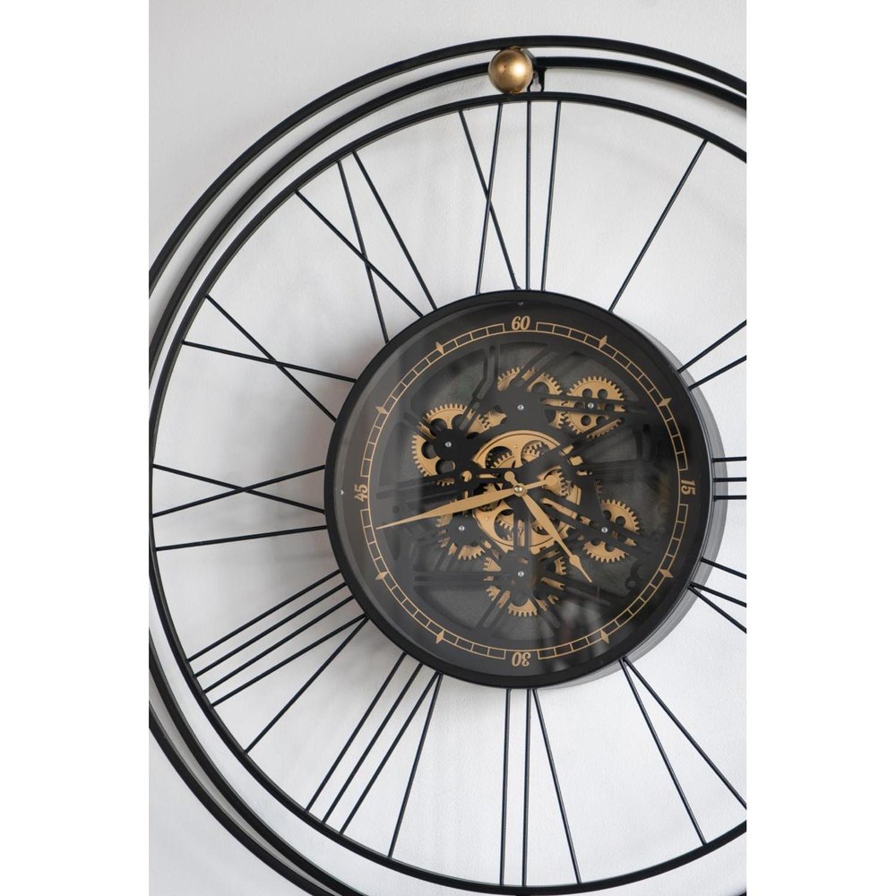 32" Circle Black and Gold Metal and Glass Analog Exposed Gear Wall Clock. Wall clock isolated on a plain white background, in a black glass finish.
