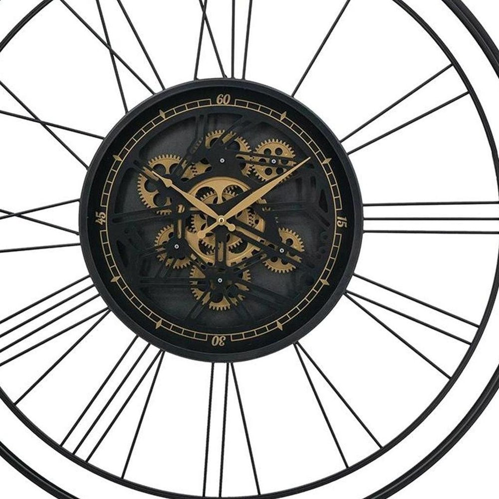 32" Circle Black and Gold Metal and Glass Analog Exposed Gear Wall Clock. Wall clock isolated on a plain white background, finished in black glass.