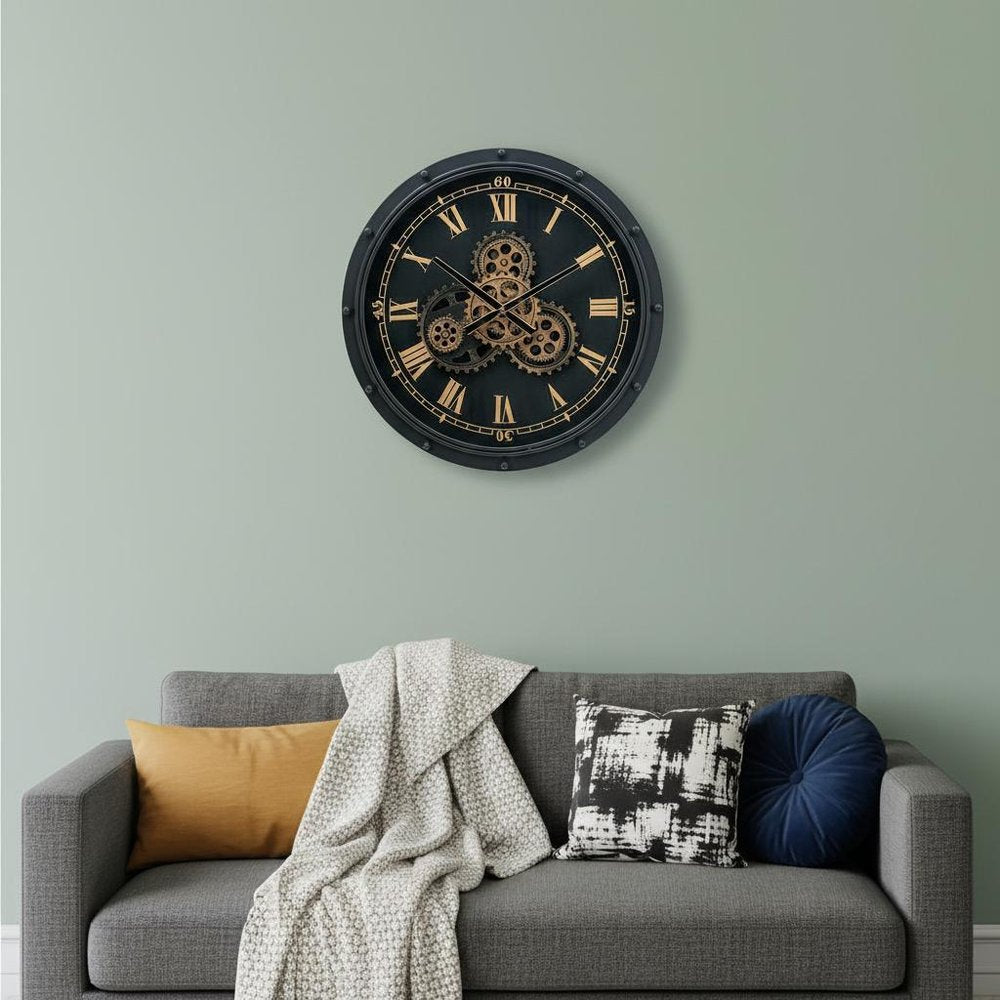 20" Circle Black and Gold Metal and Glass Analog Wall Clock