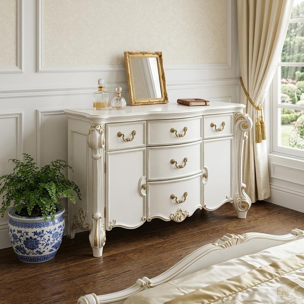 71" Pearl Solid and Manufactured Wood Five Drawer Triple Dresser in a home interior