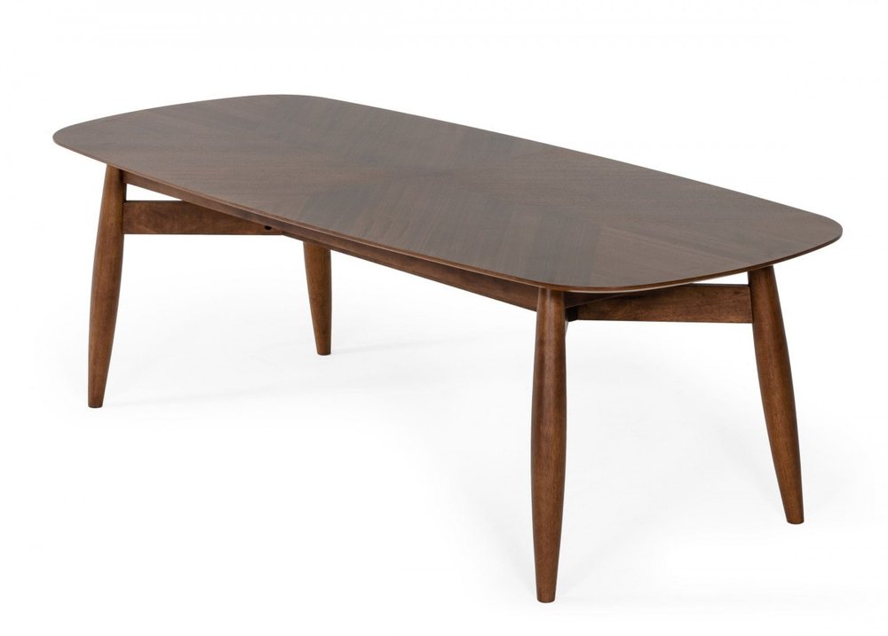 A brown solid wood dining table with tapered legs on a white background.
