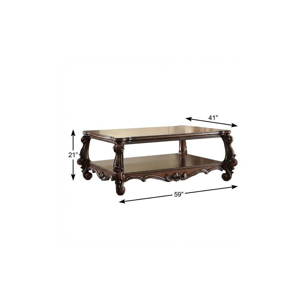 59" Brown and Dark Brown Wood Coffee Table With Shelf. Coffee table isolated on a plain white background, in a dark brown wood finish.