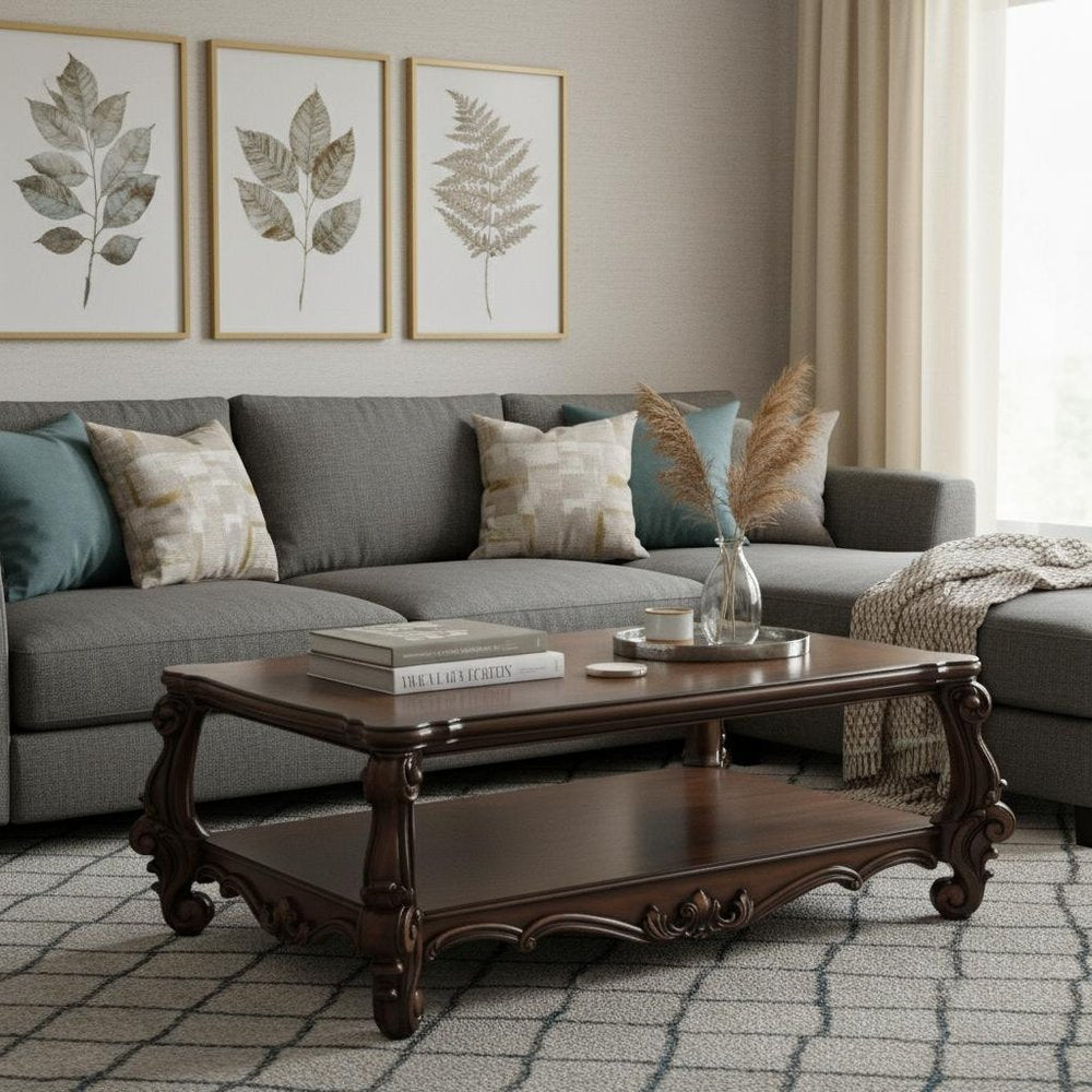 59" Brown and Dark Brown Wood Coffee Table With Shelf.