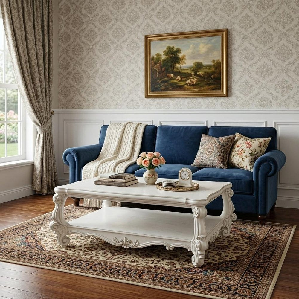 57" Antiqued White Wood Coffee Table With Shelf