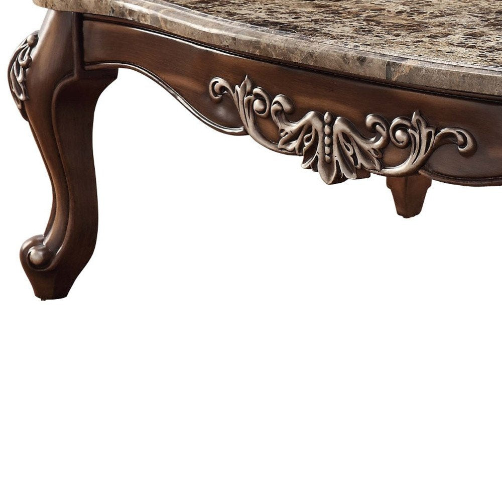 57" Brown and Oak Faux Marble And Wood Coffee Table. Coffee table isolated on a plain white background, in a brown wood finish.