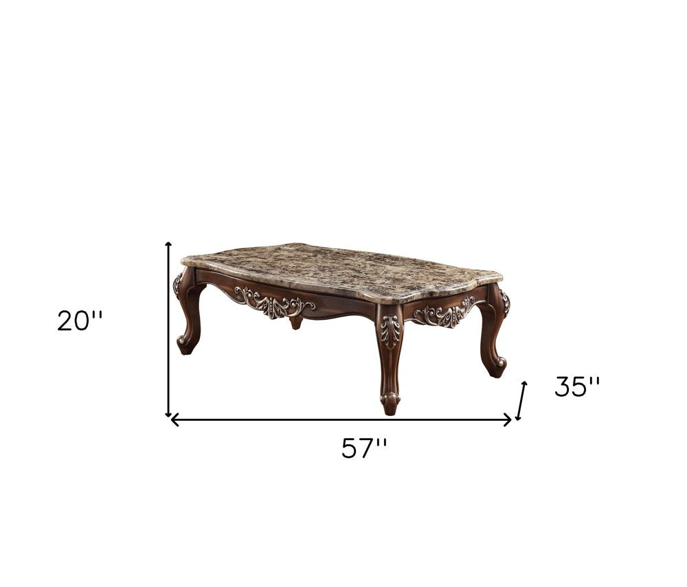 57" Brown and Oak Faux Marble And Wood Coffee Table. Coffee table isolated on a plain white background, finished in brown wood.