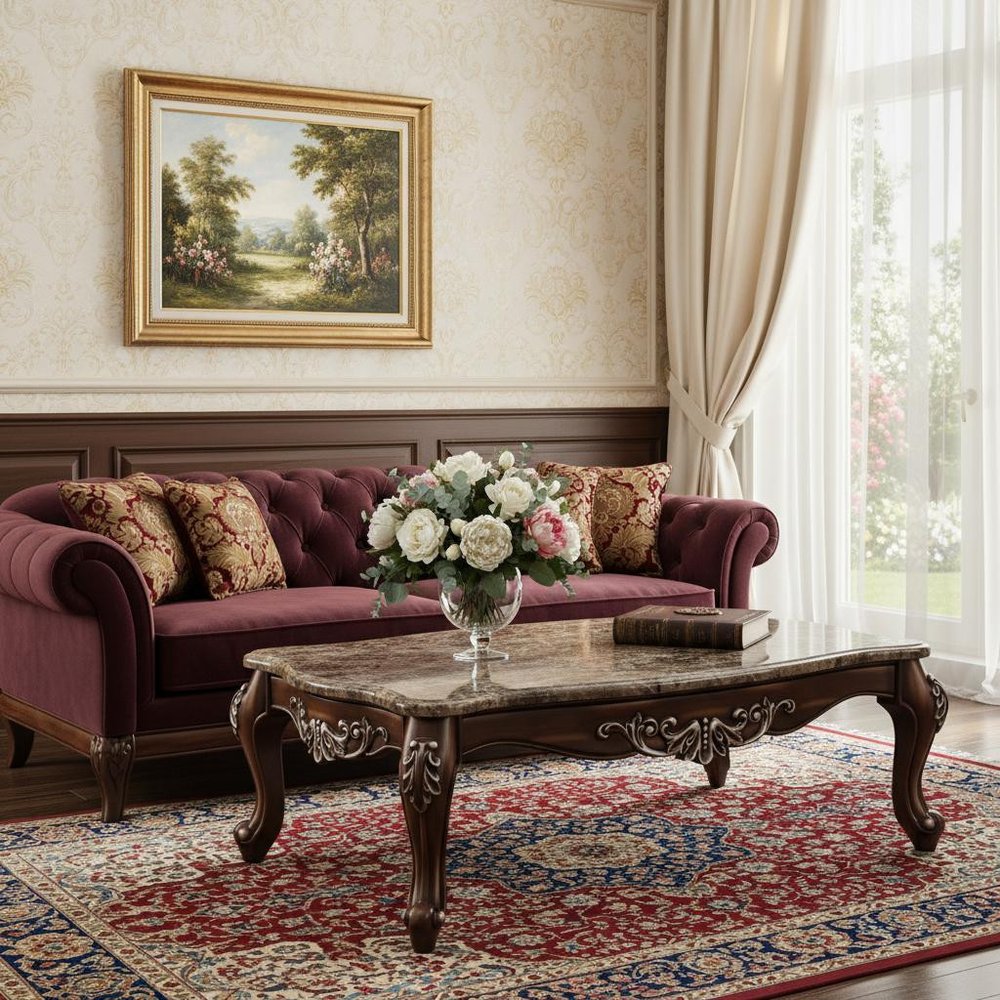 57" Brown and Oak Faux Marble And Wood Coffee Table styled in a furnished interior with a cream wall on a wood floor.
