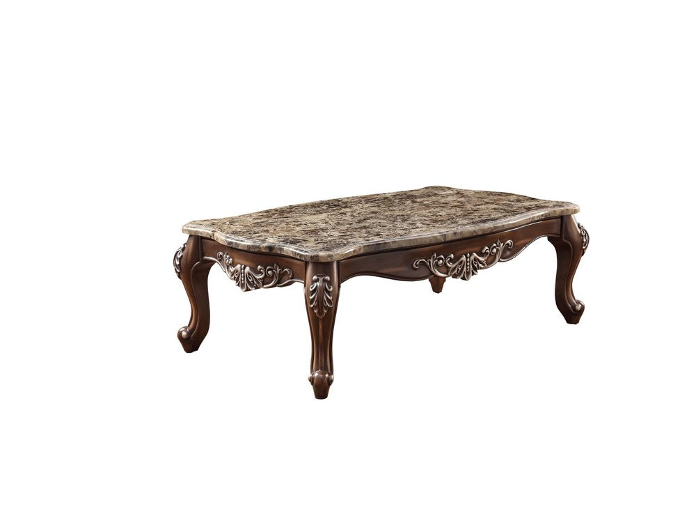 57" Brown and Oak Faux Marble And Wood Coffee Table. Coffee table isolated on a plain white background, showing a brown wood surface.