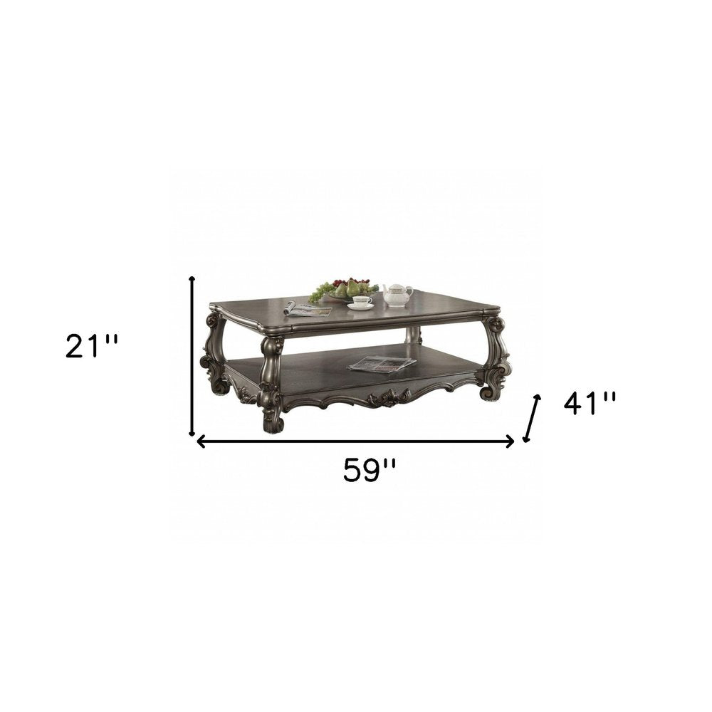 59" Gray Wood And Polyresin Coffee Table With Shelf. Coffee table isolated on a plain white background, finished in gray resin.