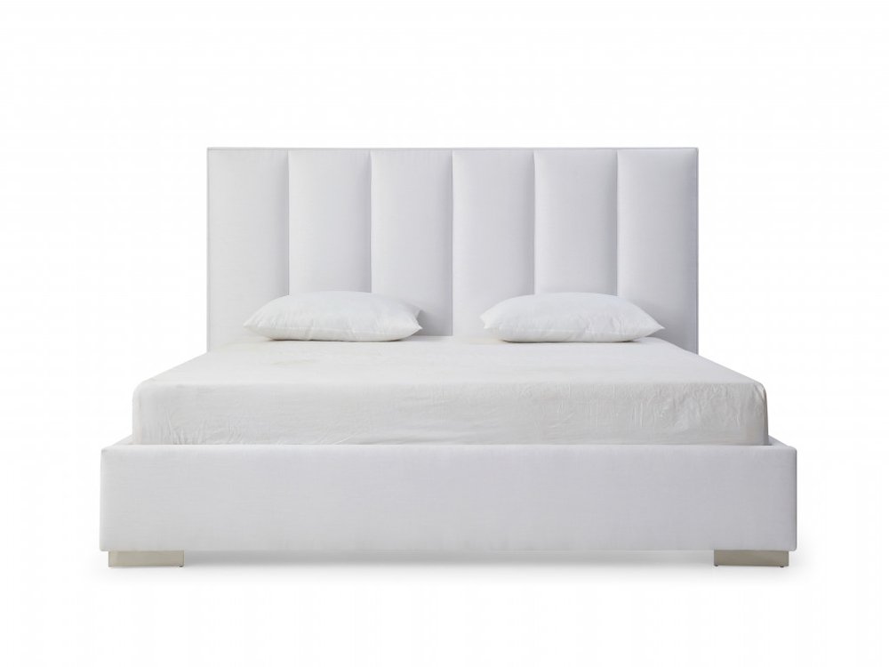 White Ribbed Texture Velvet Upholstered Queen Bed Frame on a white background
