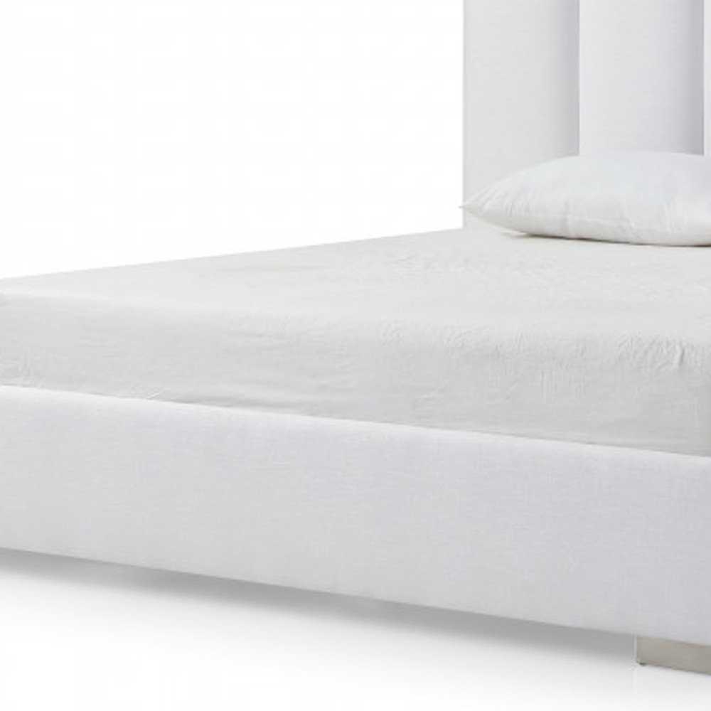 White Ribbed Texture Velvet Upholstered Queen Bed Frame on a white background
