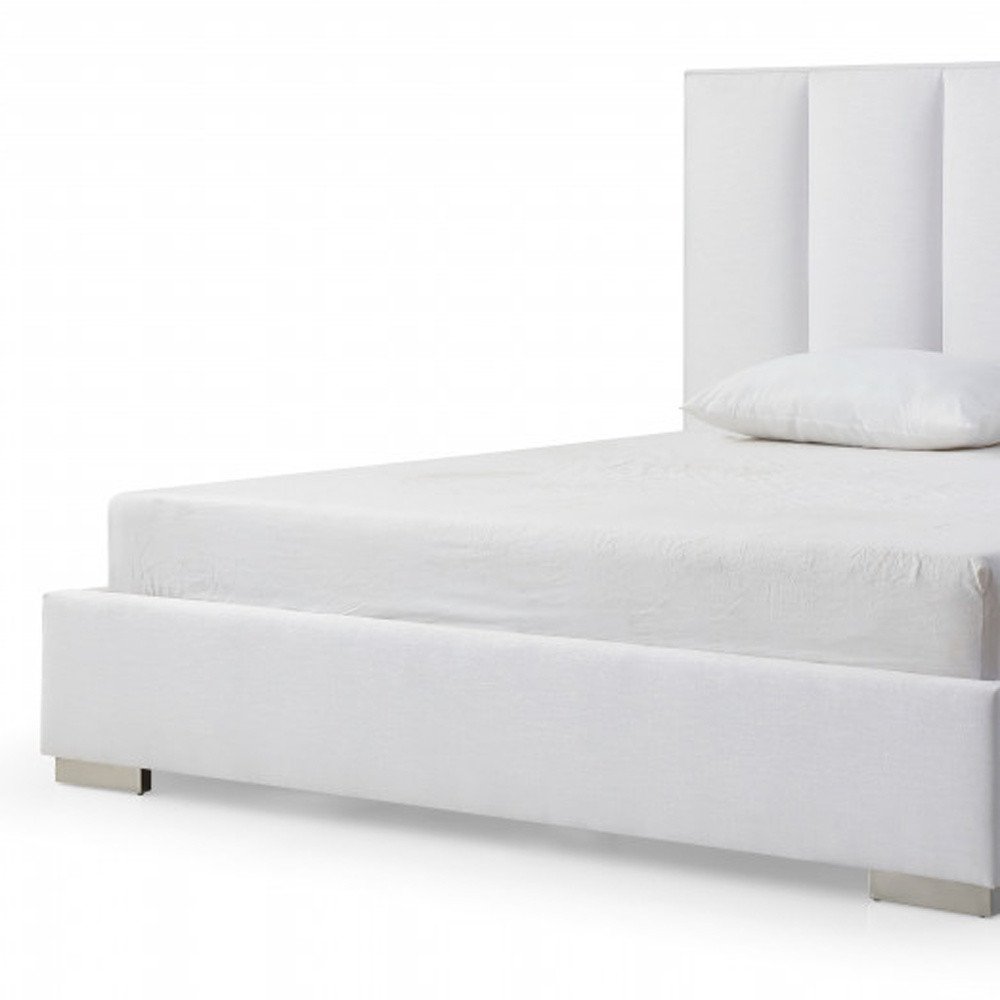 White Ribbed Texture Velvet Upholstered Queen Bed Frame on a white background