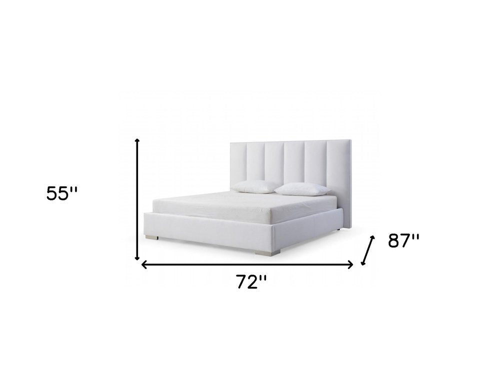White Ribbed Texture Velvet Upholstered Queen Bed Frame on a white background