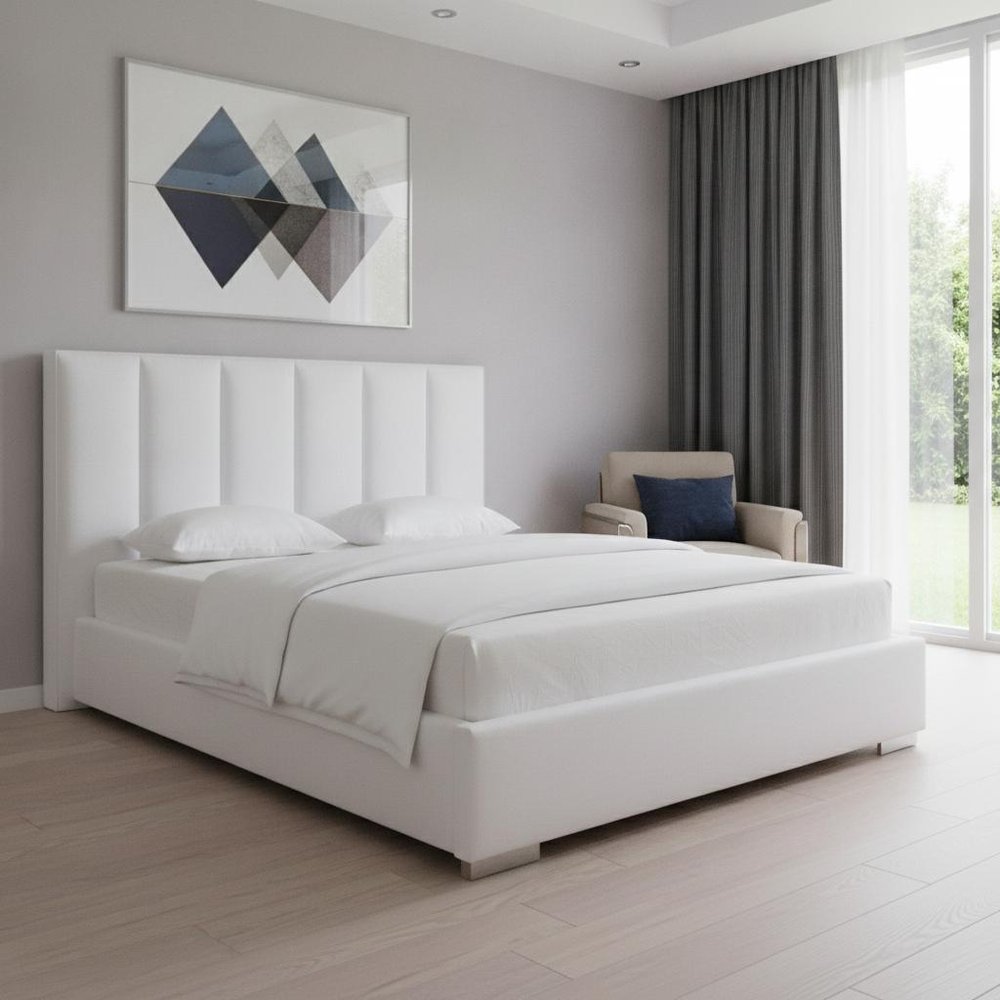 White Ribbed Texture Velvet Upholstered Queen Bed Frame in a home interior