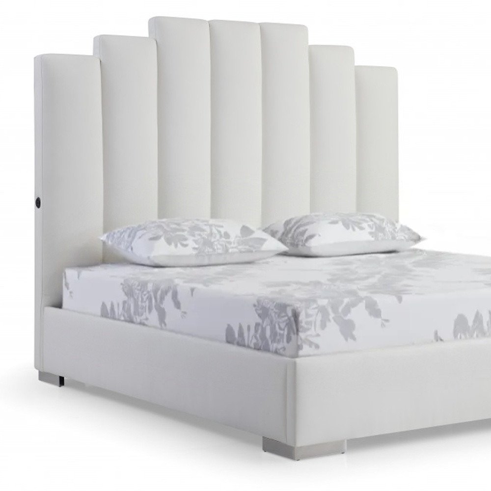White Wood And Faux Leather Queen Bed Frame with USB on a white background