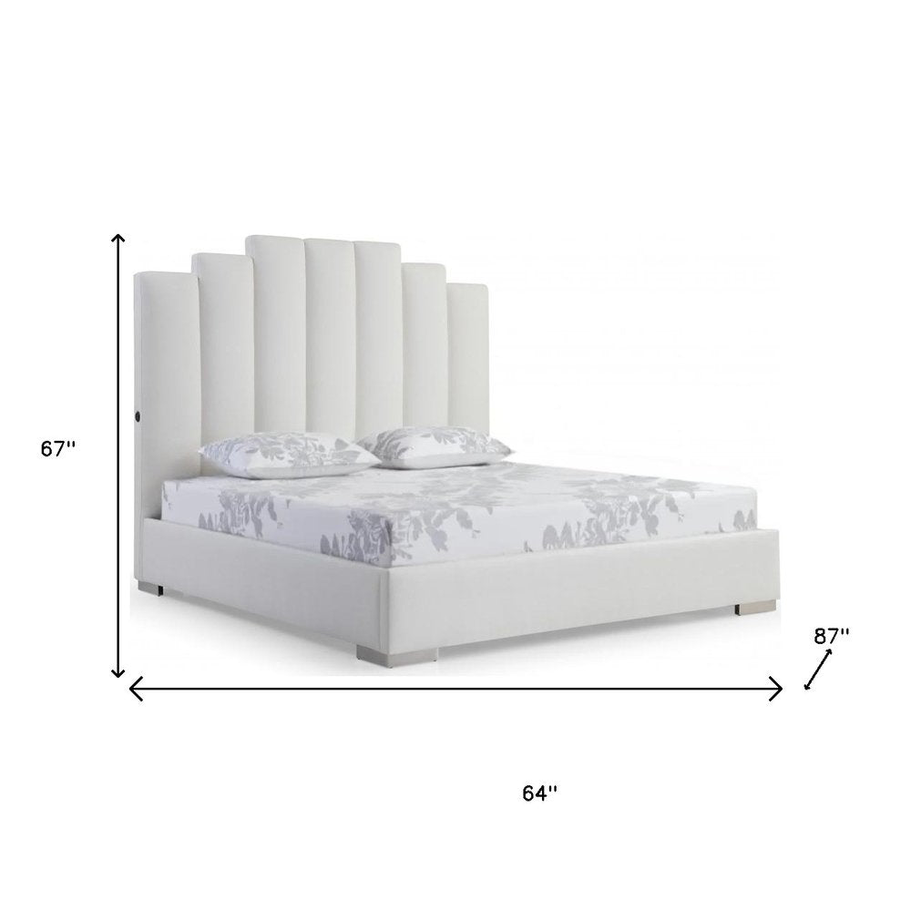 White Wood And Faux Leather Queen Bed Frame with USB on a white background