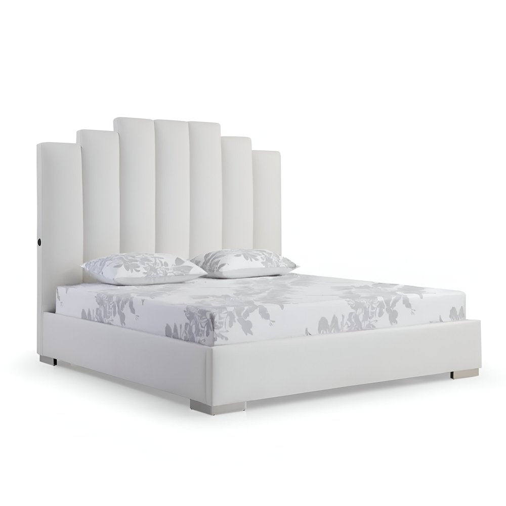 White Wood And Faux Leather Queen Bed Frame with USB on a white background