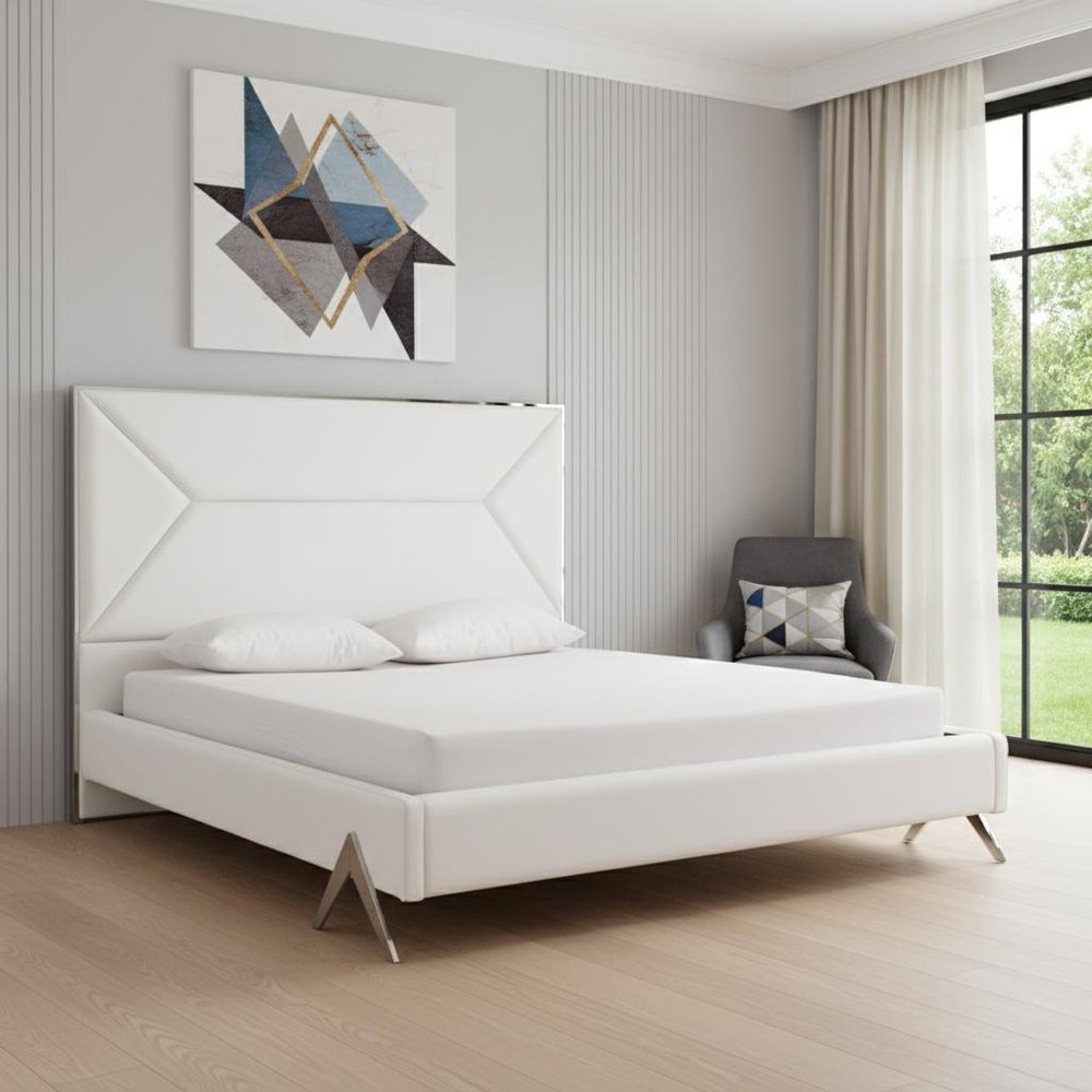White Tufted Faux Leather Upholstered King Bed Frame