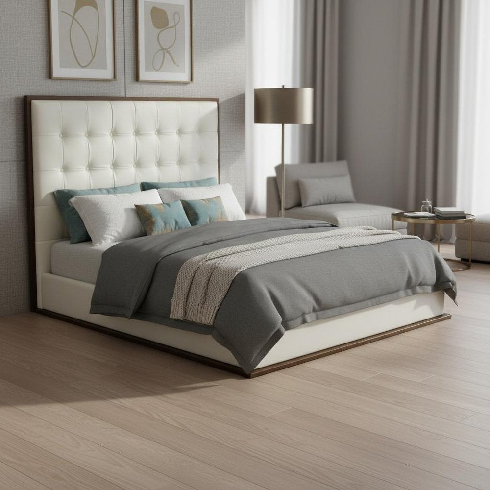 White Tufted Faux Leather Upholstered King Bed Frame
