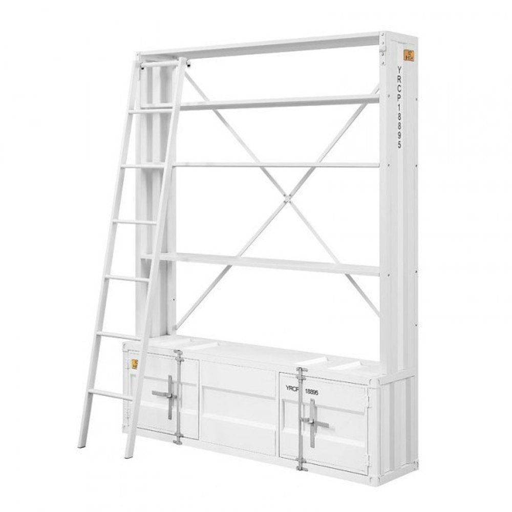 White three-tier bookcase with ladder and storage cabinets, made of metal, on a white background.