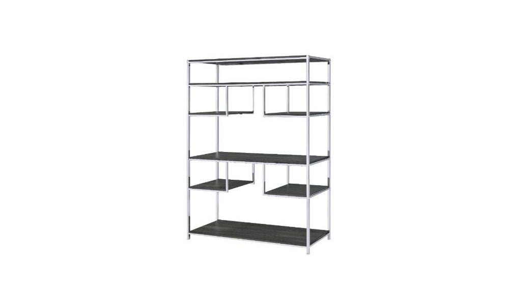 Gray and silver metal seven-tier geometric bookcase against a white background.