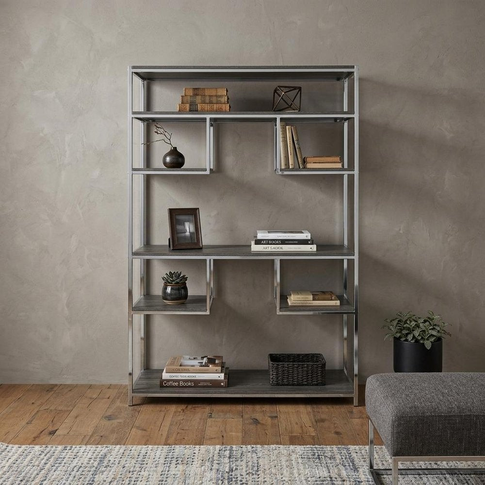 Gray And Silver Metal Seven Tier Geometric Bookcase