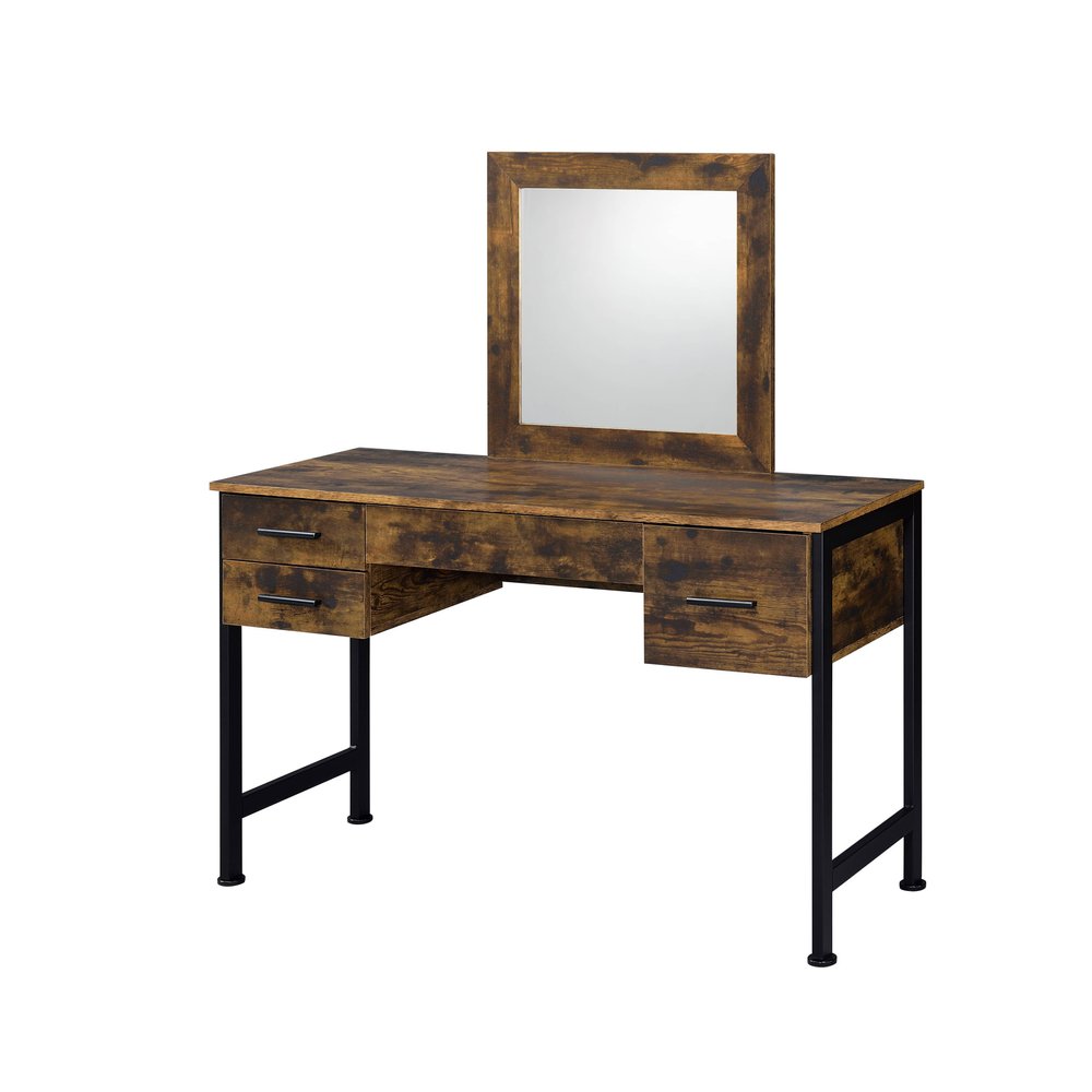 Rustic brown wood vanity table with black metal legs and a square mirror, featuring four drawers against a white background.