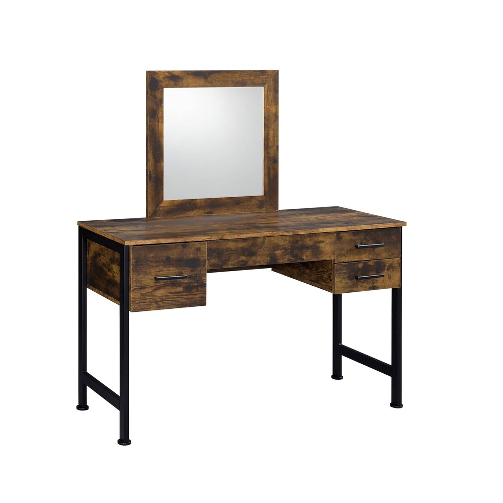 47" Black Mirrored Vanity Table with Mirror With Four Drawers. Vanity table isolated on a plain white background, showing a black metal surface.