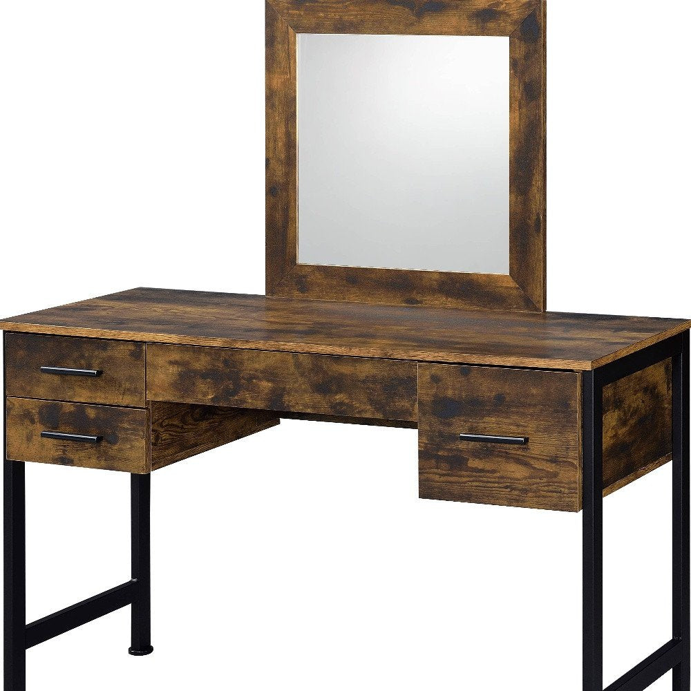 47" Black Mirrored Vanity Table with Mirror With Four Drawers. Vanity table isolated on a plain white background, in a black metal finish.