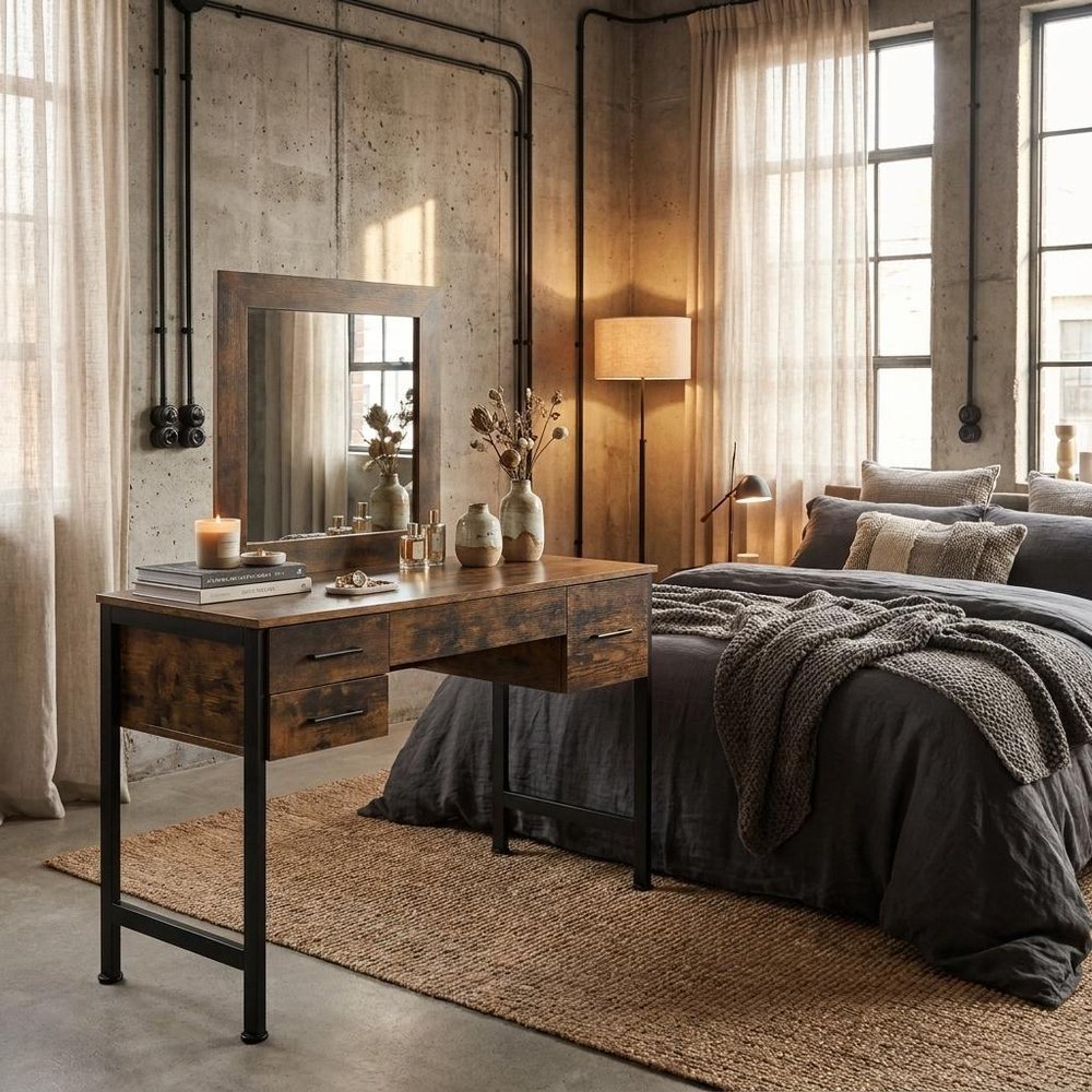 47" Black Mirrored Vanity Table with Mirror With Four Drawers styled in a furnished interior with a dark brown wall on a wood floor.