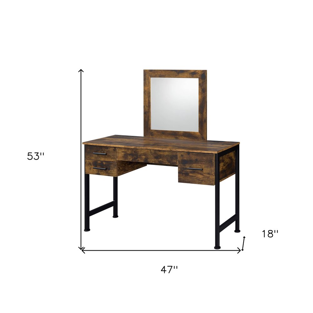 47" Black Mirrored Vanity Table with Mirror With Four Drawers. Vanity table isolated on a plain white background, showing a black metal surface.