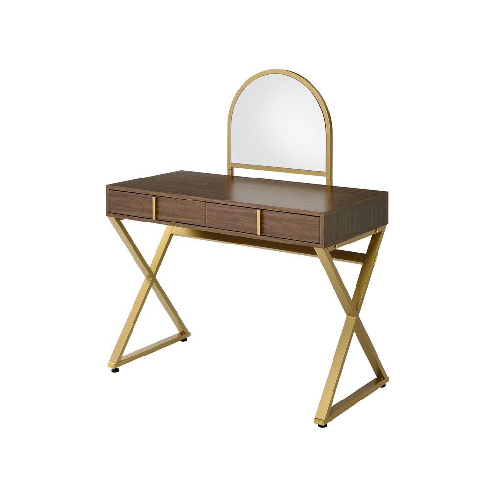 A wooden vanity table with a gold metal frame and arched mirror sits on a white background.