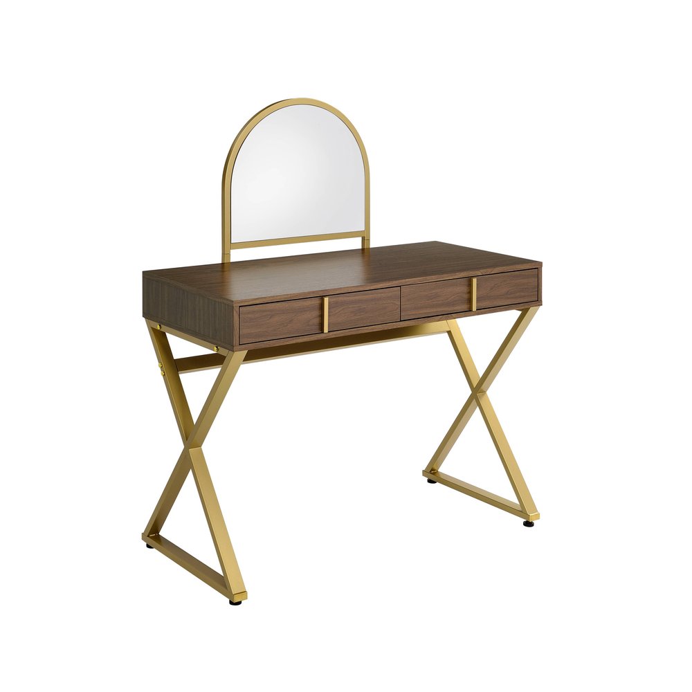 42" Vanity Table with Mirror. Vanity table isolated on a plain white background, finished in brown metal.
