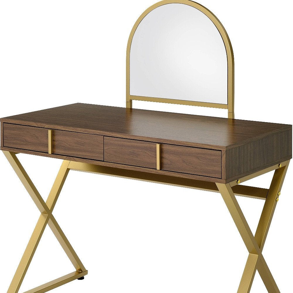 42" Vanity Table with Mirror. Vanity table isolated on a plain white background, showing a brown metal surface.