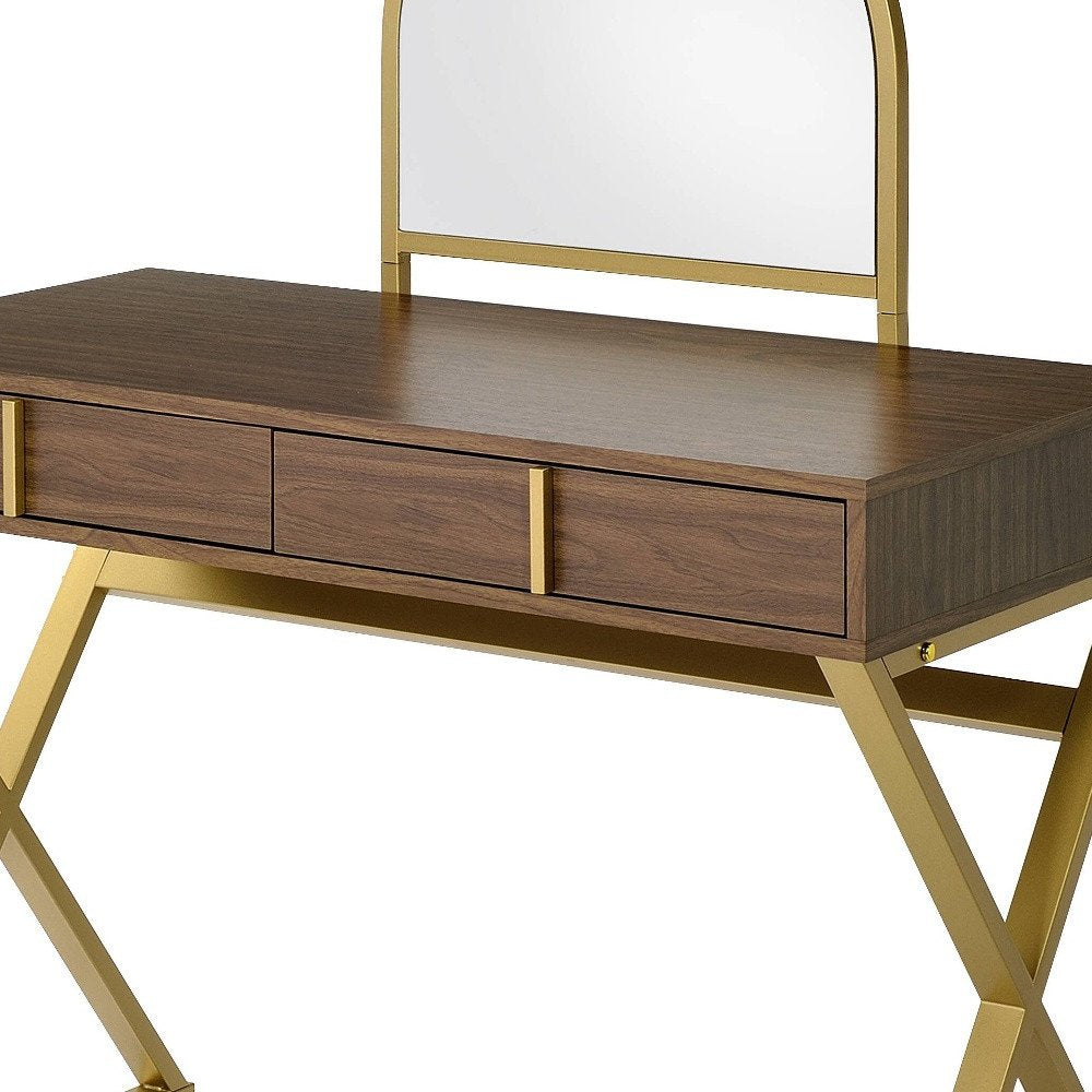 42" Vanity Table with Mirror. Vanity table isolated on a plain white background, finished in brown metal.