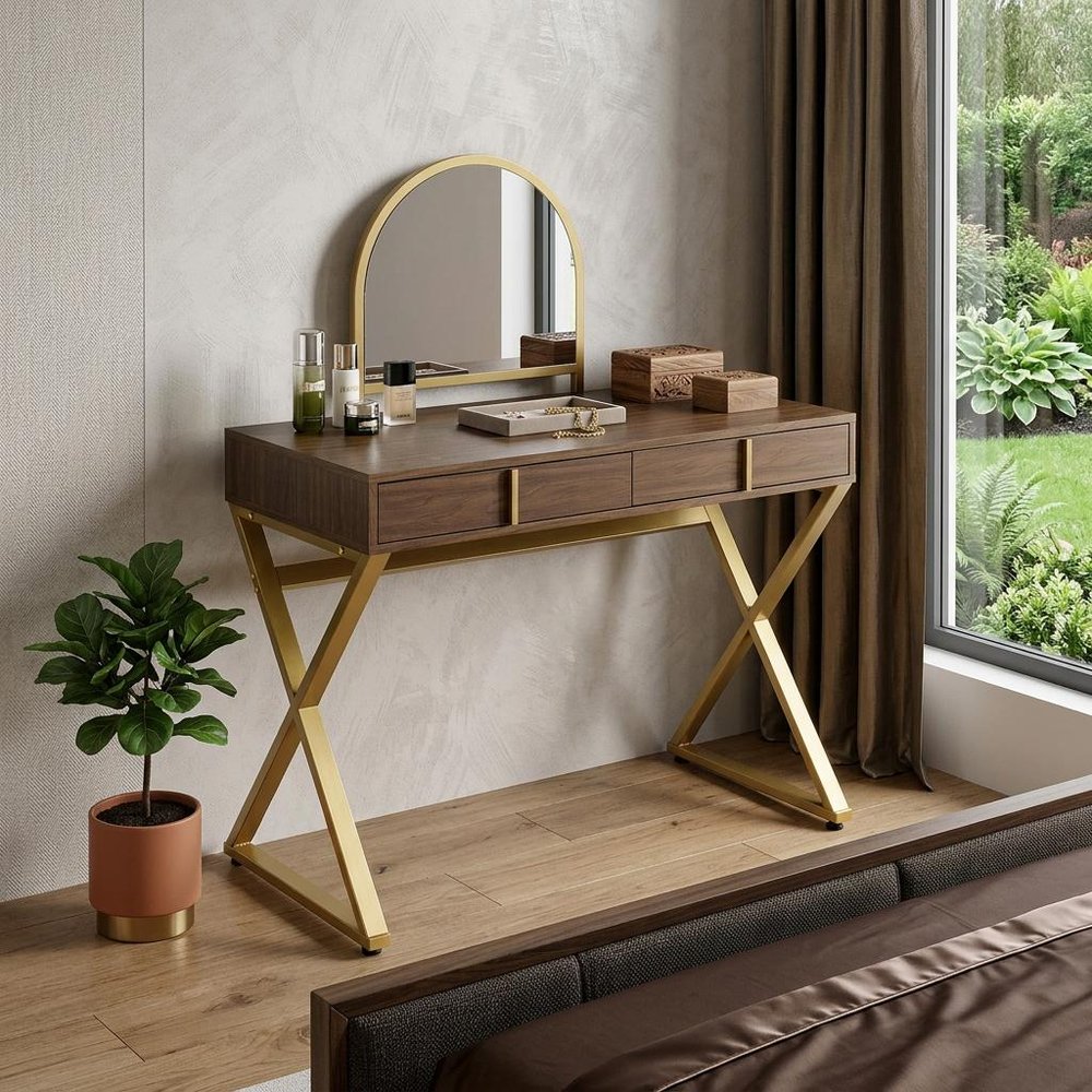 42" Vanity Table with Mirror shown outdoors on an outdoor setting with greenery in brown metal.