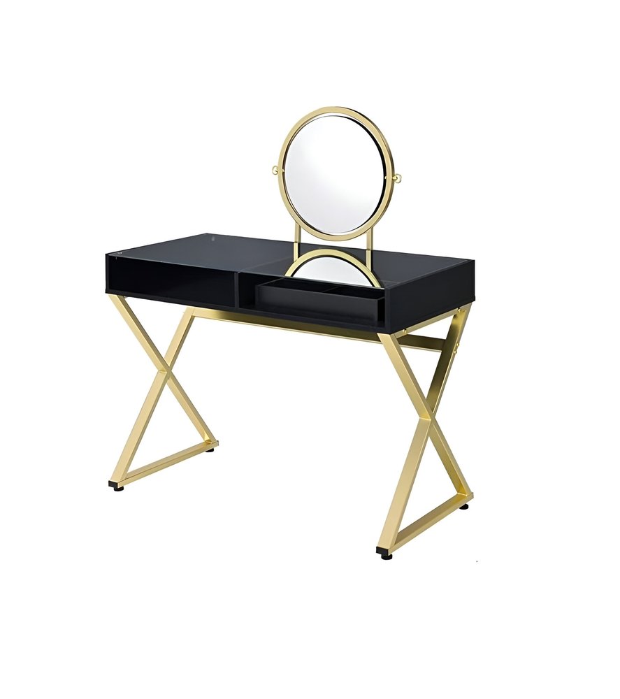 42" Black And Gold Glass and Wood Mirrored Vanity Table. Vanity table isolated on a plain white background, showing a black glass surface.