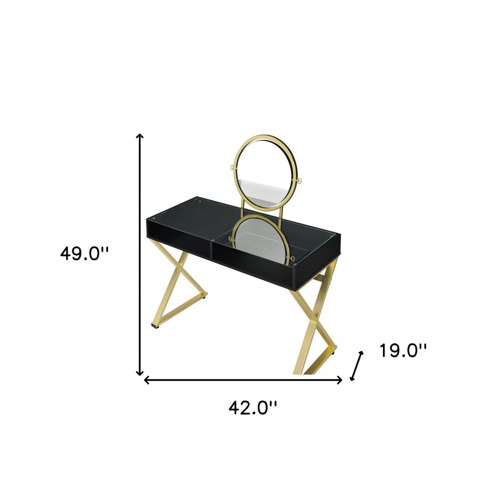 42" Black And Gold Glass and Wood Mirrored Vanity Table. Vanity table isolated on a plain white background, in a black glass finish.