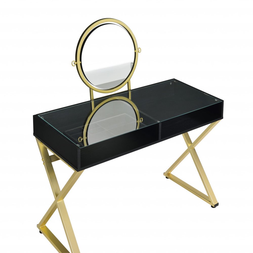 42" Black And Gold Glass and Wood Mirrored Vanity Table. Vanity table isolated on a plain white background, showing a black glass surface.
